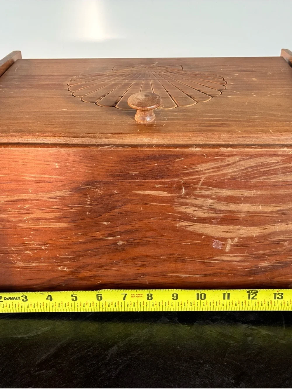 Vintage Cornwall Wooden Bread Storage Box Chest Brown Shell Design 16x10x10